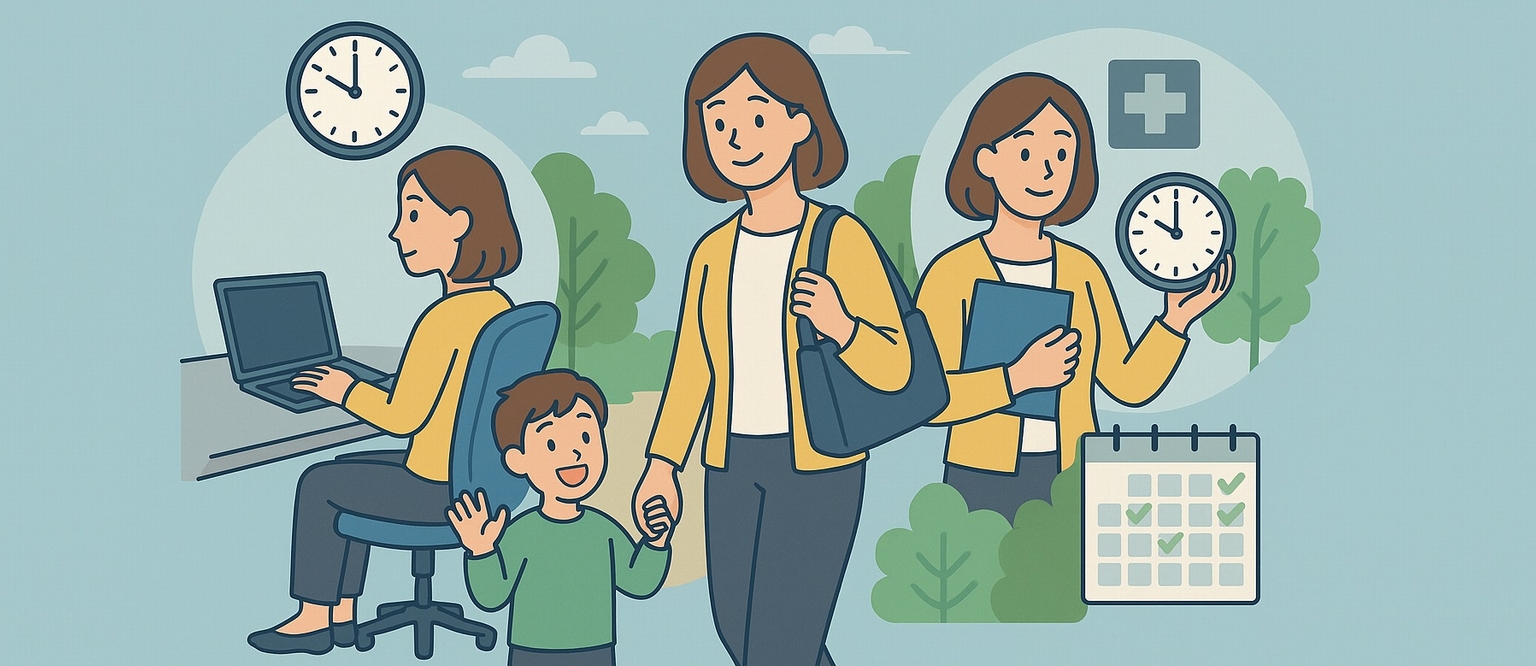 時間に配慮しながら働くワーキングマザーと子どもを描いた、働き方支援のイメージイラスト。