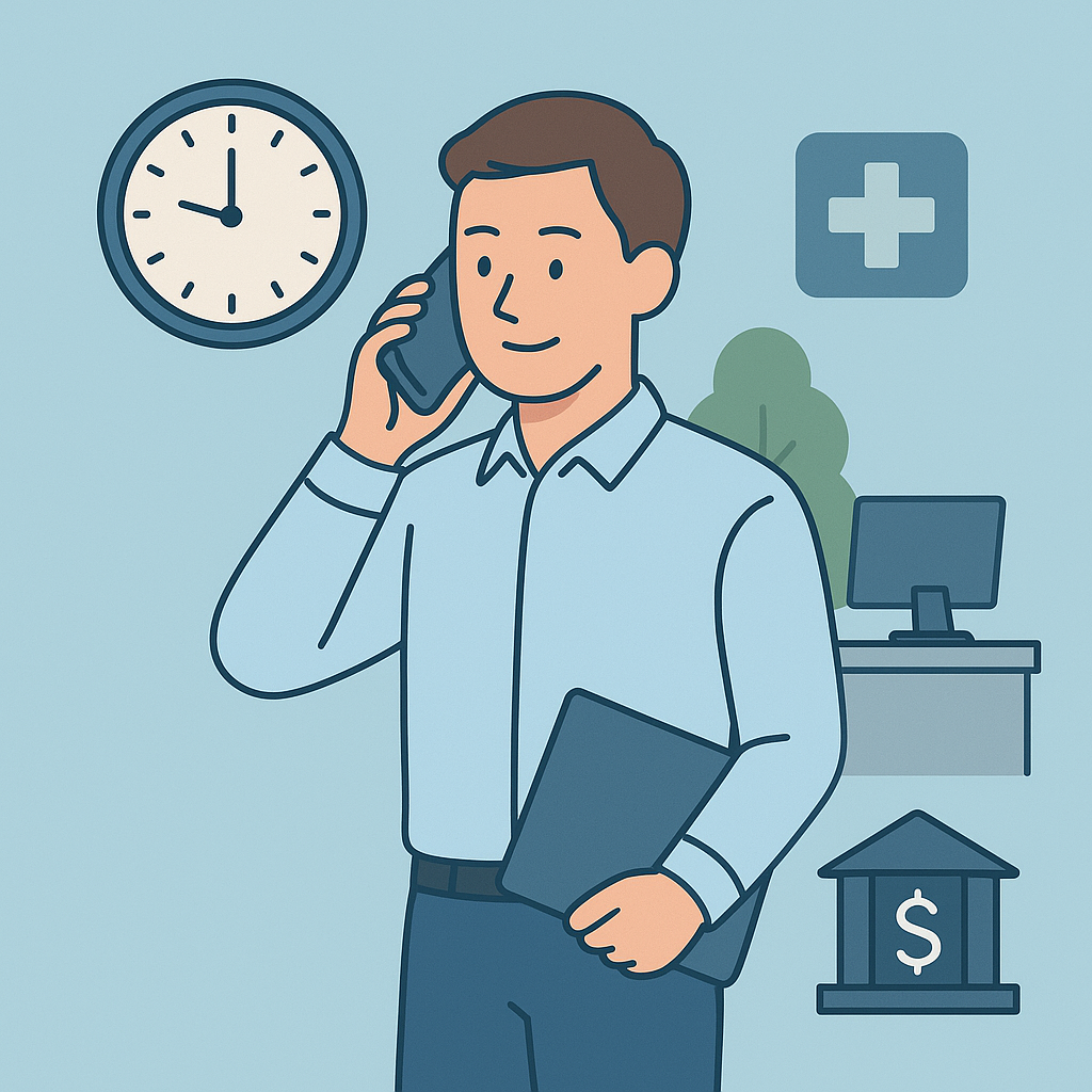 柔軟な勤務制度を活用し、仕事とプライベートのバランスを保ちながら働く男性社員のイラスト。