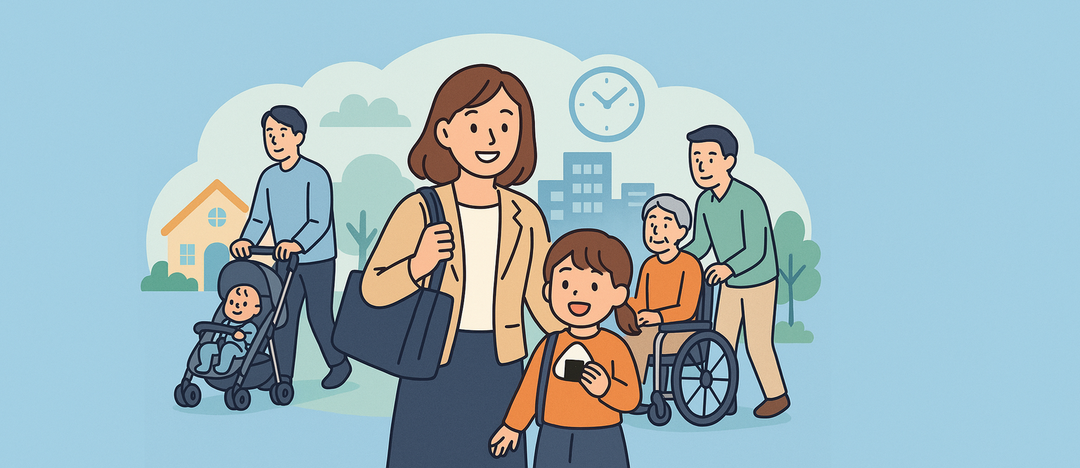 育児や介護と仕事を両立する社員と家族のイラスト。