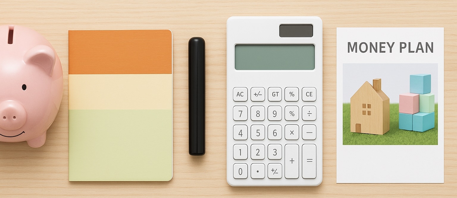 豚の貯金箱と通帳、印鑑、電卓とマネープランの資料など、暮らしのサポートをイメージした写真