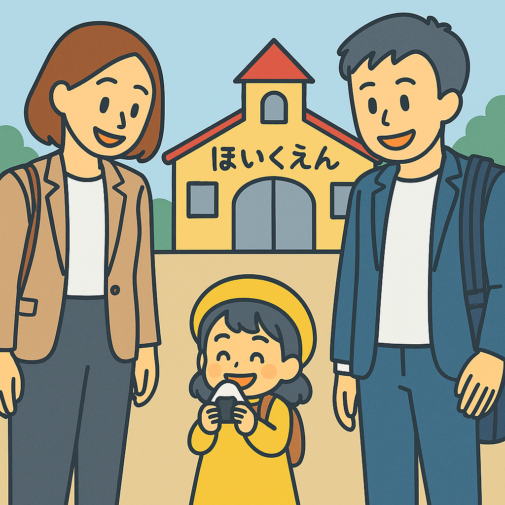 保育園の送迎を行いながら働く社員と子どもを描いた、育児と仕事の両立イメージ。